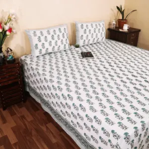 Green buta hand block bedsheet 95x108 wholesale Jaipur – Hariyali Booti hand block printed double bedsheet 95x108 with 2 pillow covers – sage green and teal – Jaipur wholesale