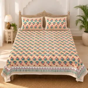 Aadoo Firozi Buta pure cotton double bedsheet 90x108 wholesale Jaipur
