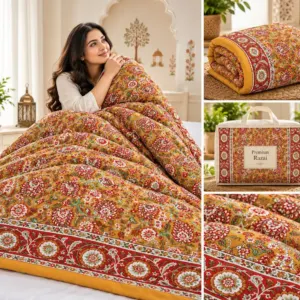 Saffron Orange Floral Jaipuri razai wholesale Jaipur – Saffron Orange Floral mulmul cotton quilt, reversible – Jal Mahal collection