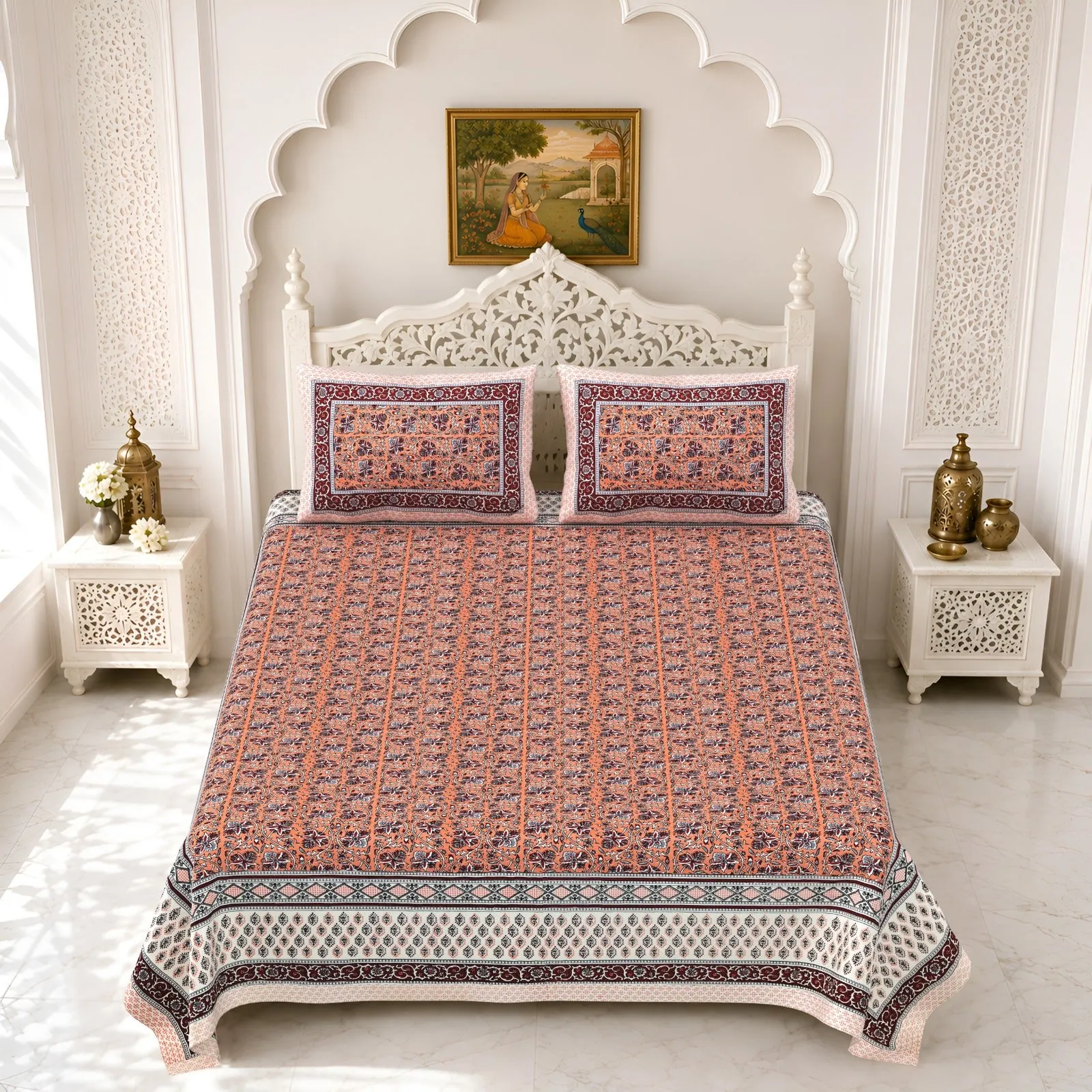 Rust floral double bedsheet 90x108 wholesale Jaipur – Rust Floral Border double bedsheet 90x108 wholesale Jaipur – Gulmohar collection