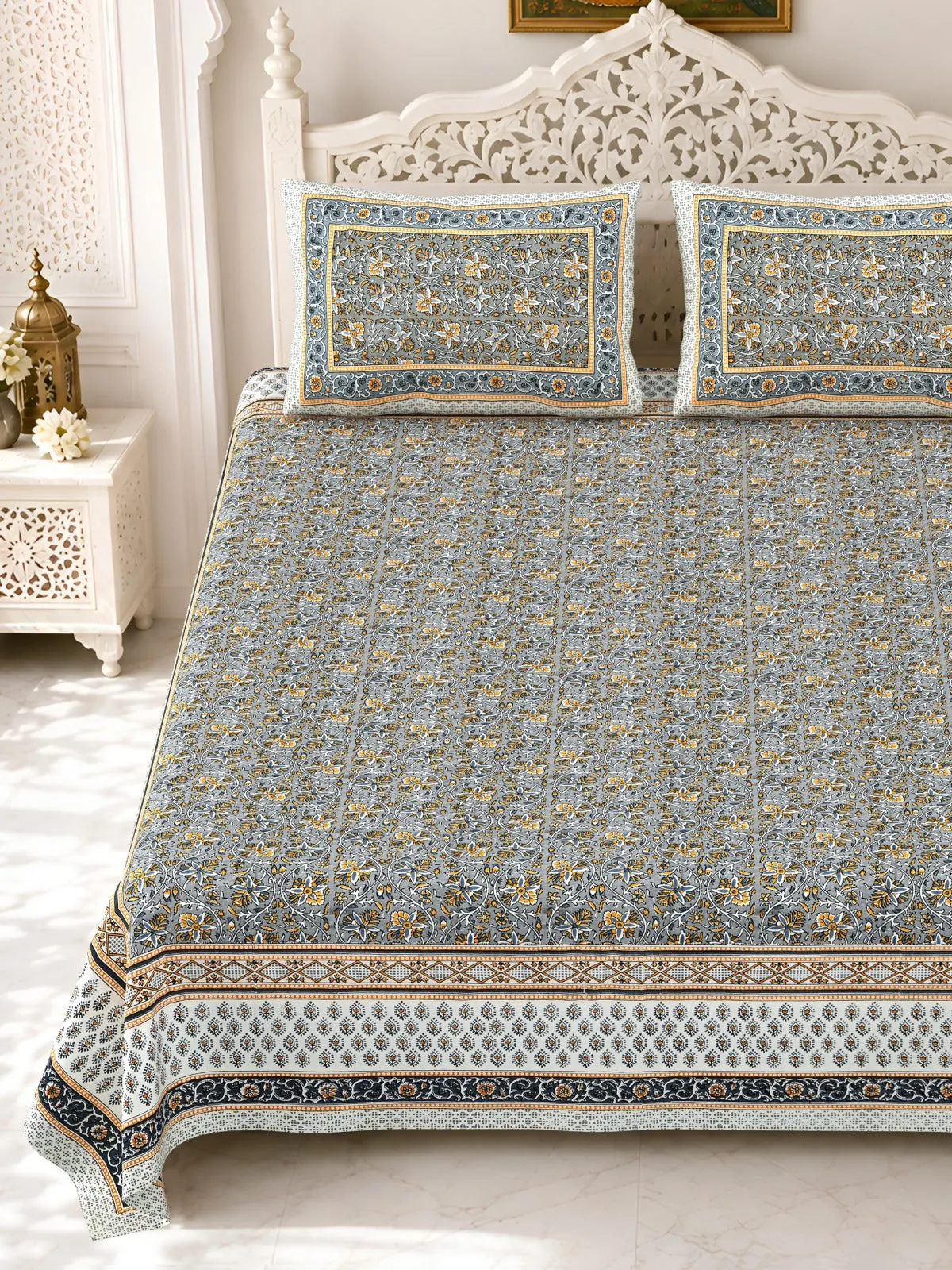 Grey Floral Border double bedsheet 90x108 wholesale Jaipur – Gulmohar collection – view 2