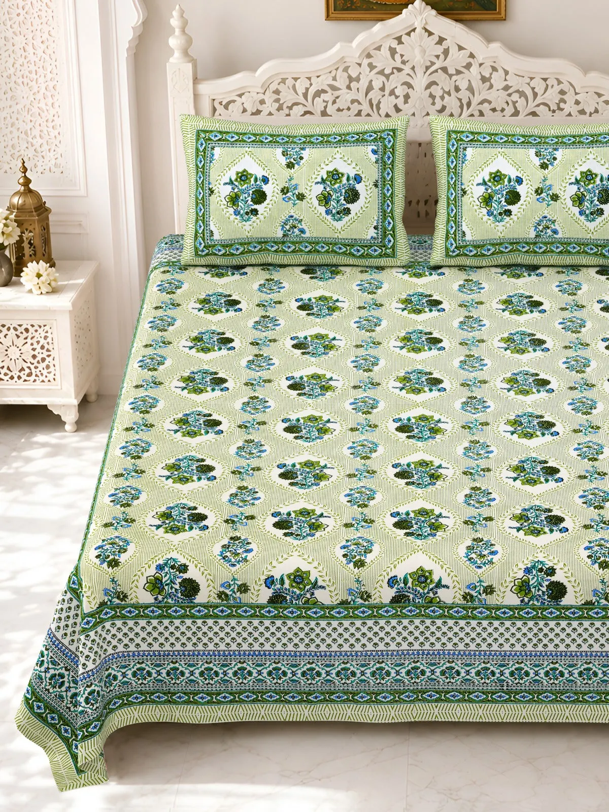 Green Floral Buta double bedsheet 90x108 wholesale Jaipur – Gulmohar collection – view 2