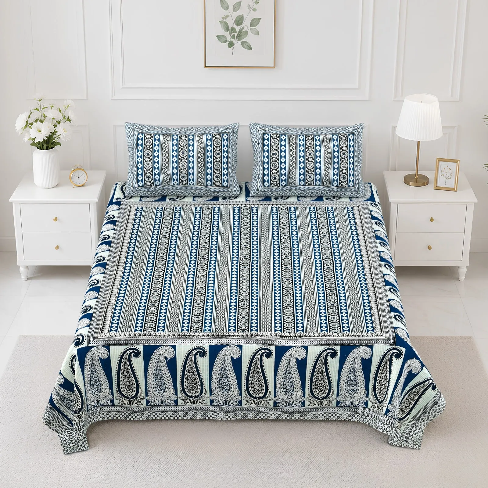 Blue paisley double bedsheet 90x108 90x108 wholesale Jaipur – Blue Stripe Paisley printed cotton double bedsheet 90x108 wholesale Jaipur – Rangeela collection