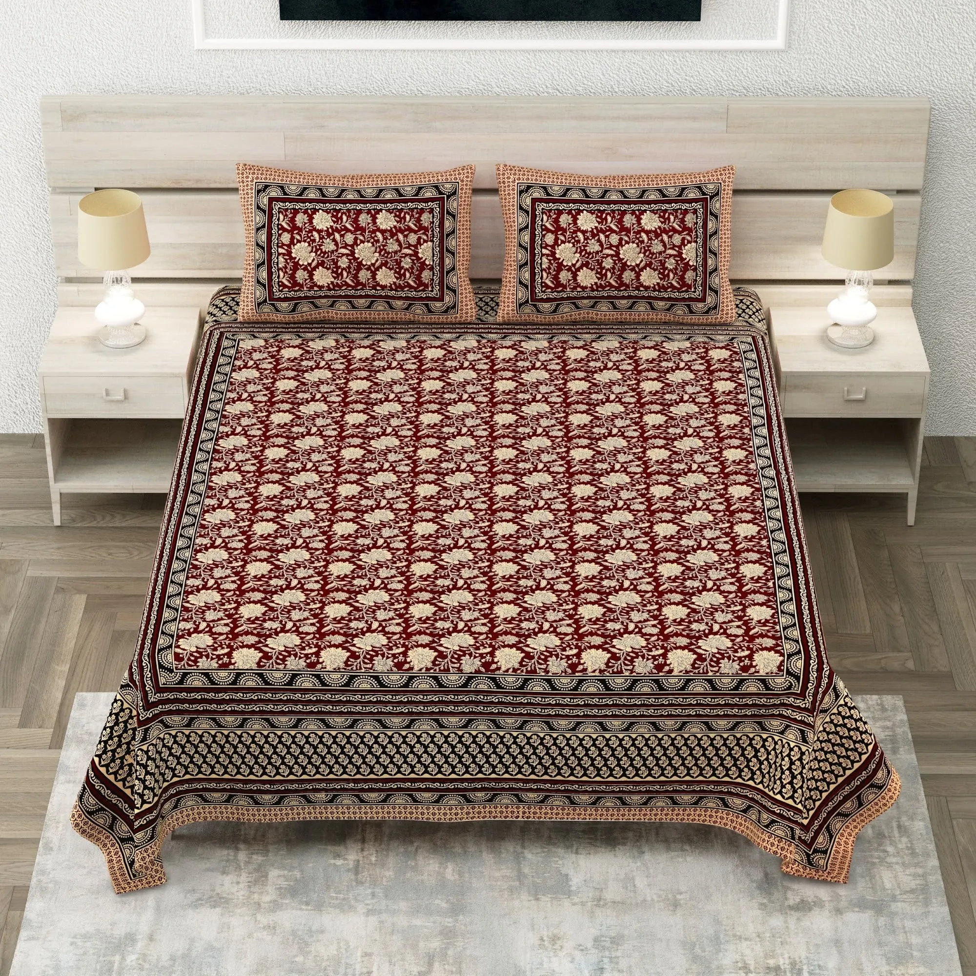 Black jaal sanganeri double bedsheet 90x108 wholesale Jaipur – Black Maroon Floral Jaal double bedsheet 90x108 wholesale Jaipur – Sanganer Heritage collection