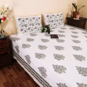 Olive bouquet hand block bedsheet 95x108 wholesale Jaipur – Mehendi Guldasta hand block printed double bedsheet 95x108 with 2 pillow covers – khaki and grey – Jaipur wholesale