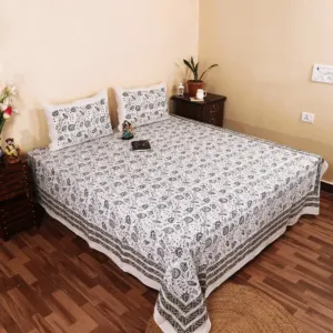 Dhuan Grey Jaal Hand Block Printed Double Bedsheet 95x108 with 2 Pillow Covers (Rajwada)
