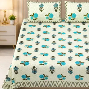 Turquoise zigzag double bedsheet 100x108 wholesale Jaipur – Firozi Gulab Zigzag premium cotton double bedsheet 100x108 with 2 pillow covers – aqua – Jaipur wholesale