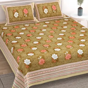 Olive floral double bedsheet 90x108 wholesale Jaipur – Olive Lotus Floral printed cotton double bedsheet 90x108 wholesale Jaipur – Rangeela collection