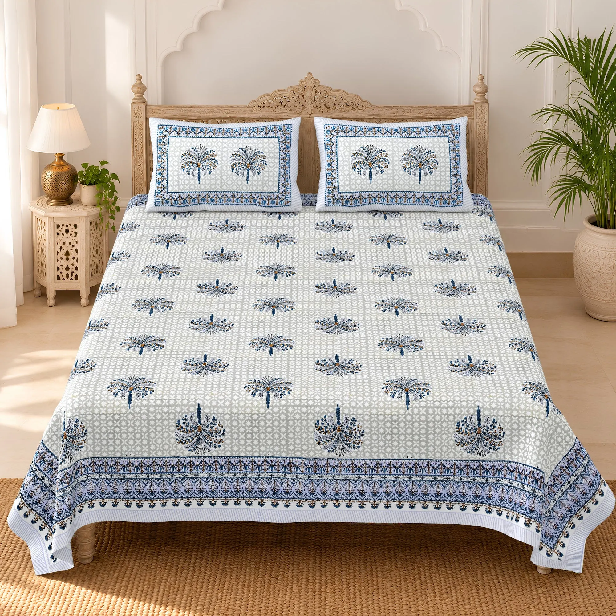 Safed Neel Khajoor Buta pure cotton double bedsheet 90x108 wholesale Jaipur