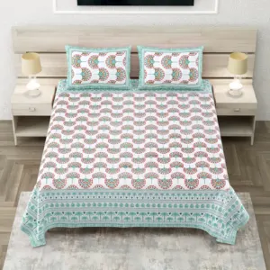Aqua king size bedsheet 108x108 wholesale Jaipur – Aqua Border Fan Scallop king size bedsheet 108x108 wholesale Jaipur – Sheesh Mahal collection