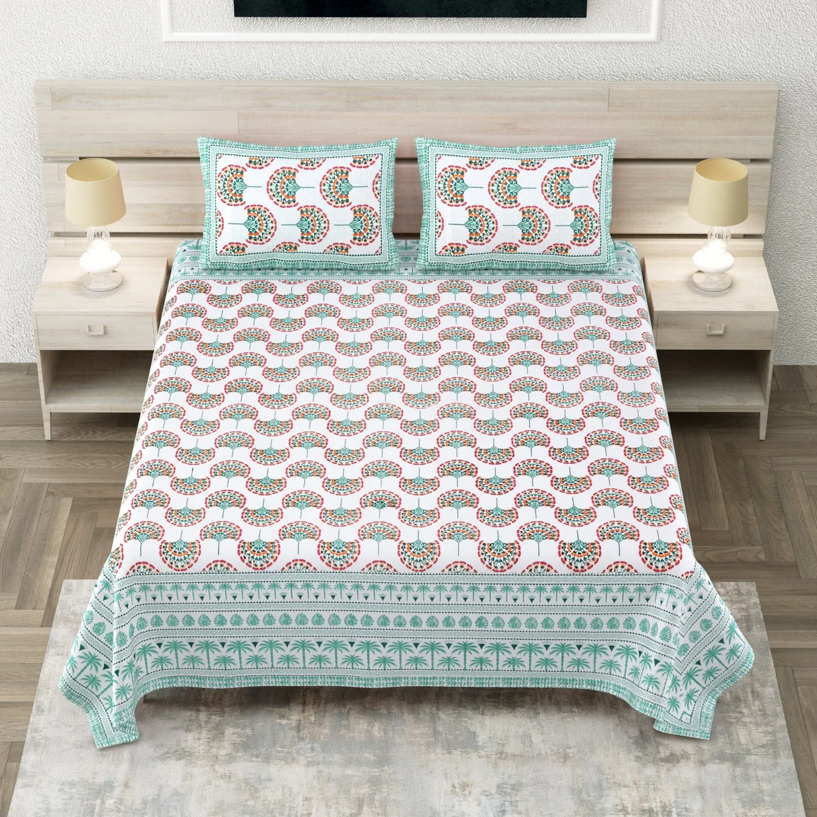 Aqua king size bedsheet 108x108 wholesale Jaipur – Aqua Border Fan Scallop king size bedsheet 108x108 wholesale Jaipur – Sheesh Mahal collection