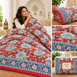 Red Blue Floral Jaipuri razai wholesale Jaipur – Red Blue Floral mulmul cotton quilt, reversible – Jal Mahal collection