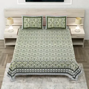 Olive Green Geometric Super King Cotton Bedsheet 108x108 with 2 Pillow Covers (Sheesh Mahal)