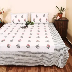 Stripe Border Lal Booti Hand Block Printed Double Bedsheet 95x108 with 2 Pillow Covers (Rajwada)
