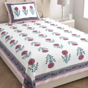 Pink marigold single bedsheet 60x90 wholesale Jaipur – Pink Teal Genda Phool Buta single bed cotton bedsheet 60x90 with pillow cover – pink and teal – Jaipur wholesale