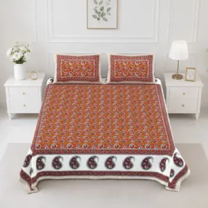 Orange paisley double bedsheet 90x108 wholesale Jaipur β Orange Paisley Border printed cotton double bedsheet 90x108 wholesale Jaipur β Rangeela collection