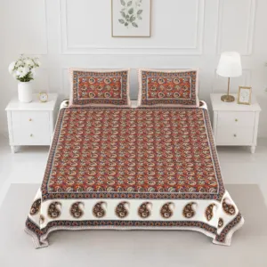 Rust paisley double bedsheet 90x108 wholesale Jaipur – Rust Paisley Border printed cotton double bedsheet 90x108 wholesale Jaipur – Rangeela collection
