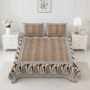 Beige paisley double bedsheet 90x108 90x108 wholesale Jaipur – Beige Stripe Paisley printed cotton double bedsheet 90x108 wholesale Jaipur – Rangeela collection
