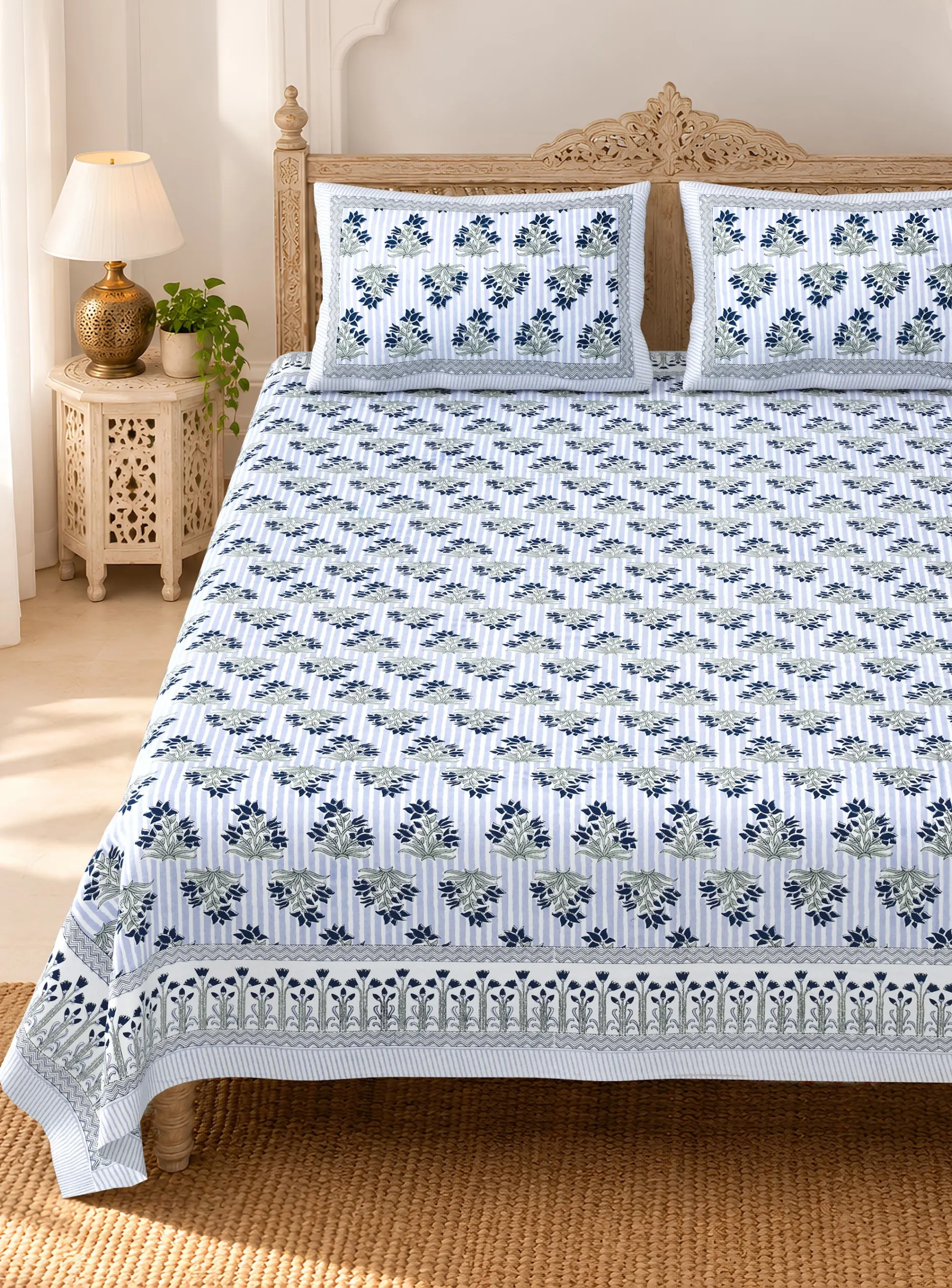 Halka Neela Chhota Buta pure cotton double bedsheet 90x108 wholesale Jaipur – view 2