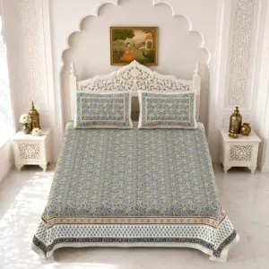 Grey floral double bedsheet 90x108 90x108 wholesale Jaipur – Grey Floral Border double bedsheet 90x108 wholesale Jaipur – Gulmohar collection