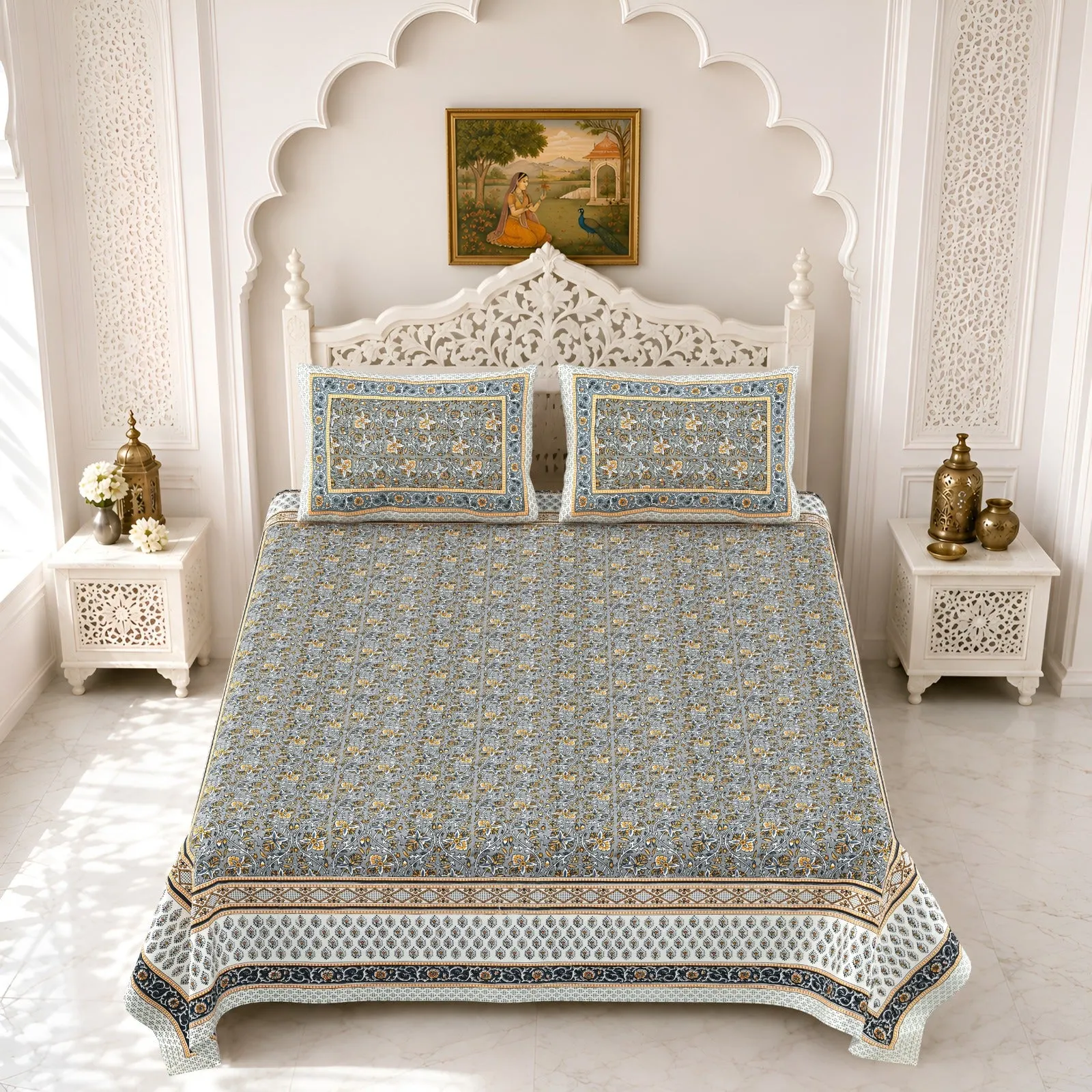 Grey floral double bedsheet 90x108 90x108 wholesale Jaipur – Grey Floral Border double bedsheet 90x108 wholesale Jaipur – Gulmohar collection