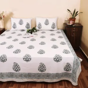 Grey paisley hand block bedsheet 95x108 wholesale Jaipur – Grey Ambi Buta hand block printed double bedsheet 95x108 with 2 pillow covers – grey – Jaipur wholesale