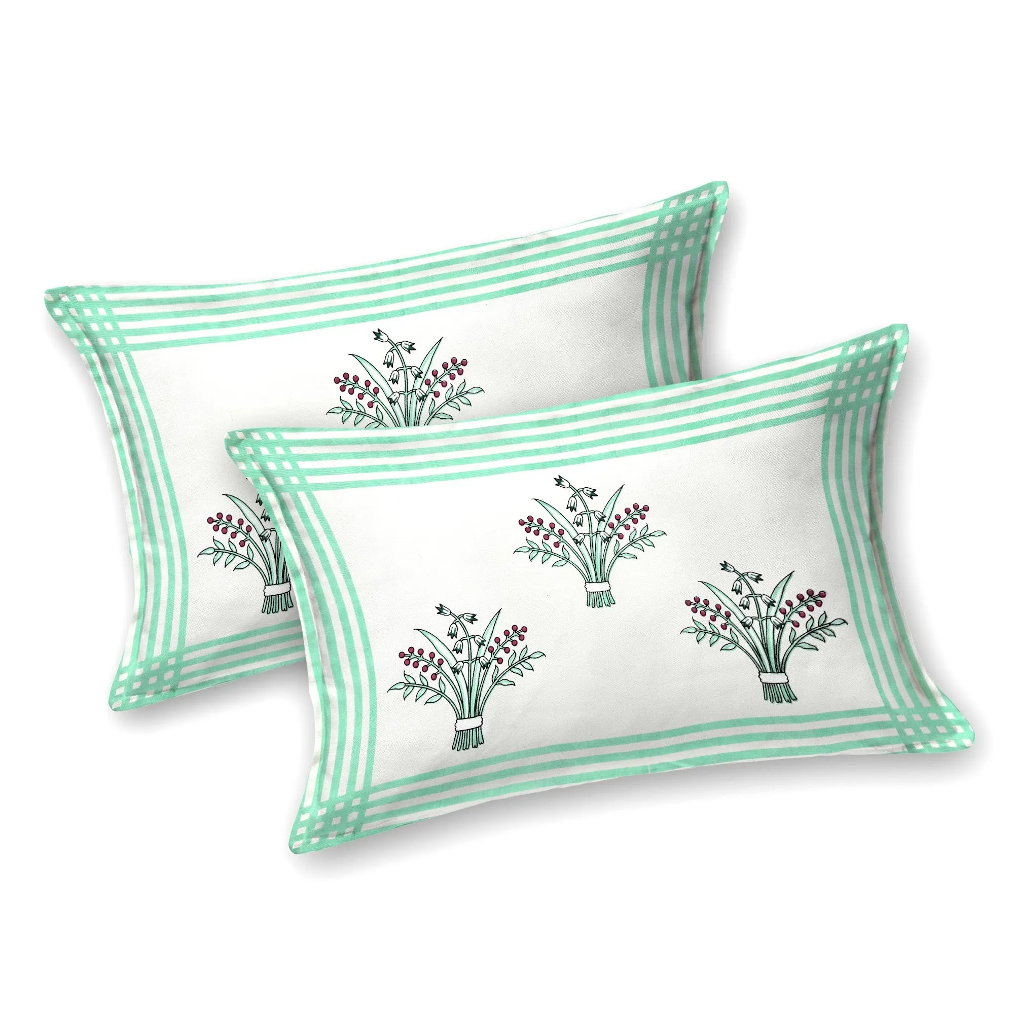 Pudina Bel Border premium cotton double bedsheet 100x108 with 2 pillow covers – mint green and grey – Jaipur wholesale – image 2