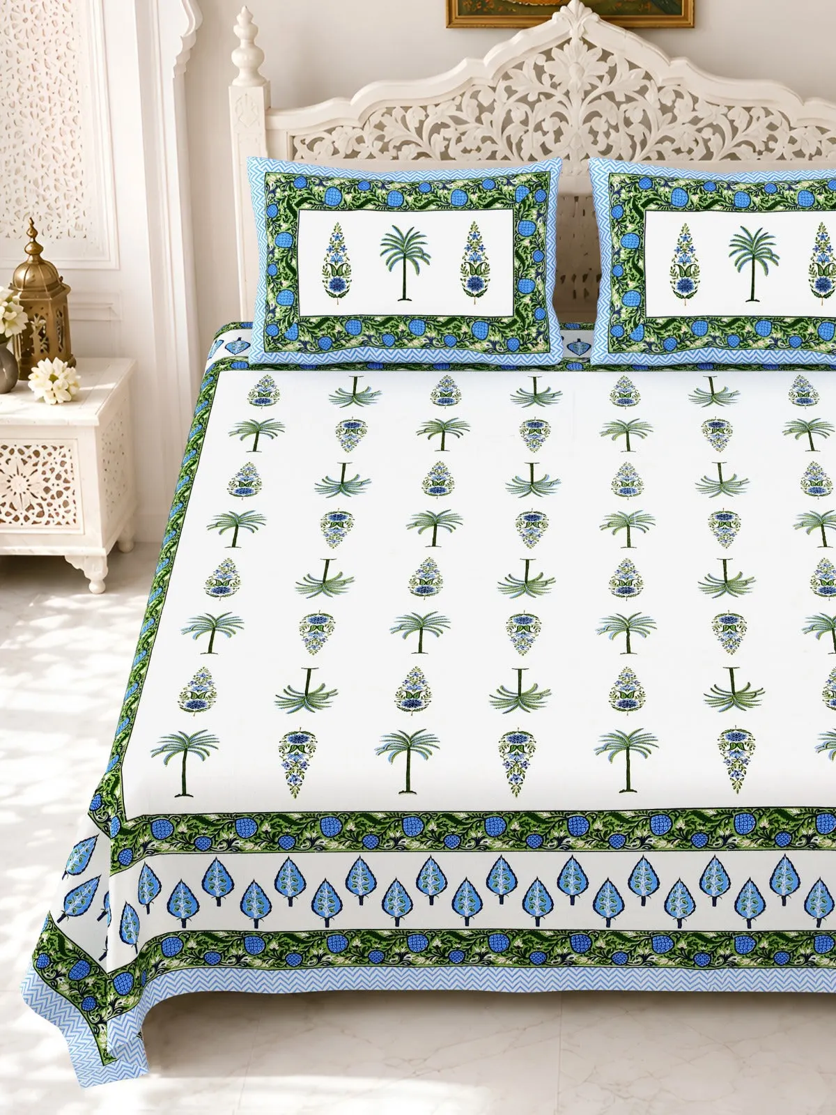 Blue Palm Tree double bedsheet 90x108 wholesale Jaipur – Gulmohar collection – view 2