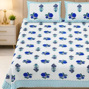 Blue zigzag double bedsheet 100x108 wholesale Jaipur – Neela Gulab Zigzag premium cotton double bedsheet 100x108 with 2 pillow covers – royal blue – Jaipur wholesale
