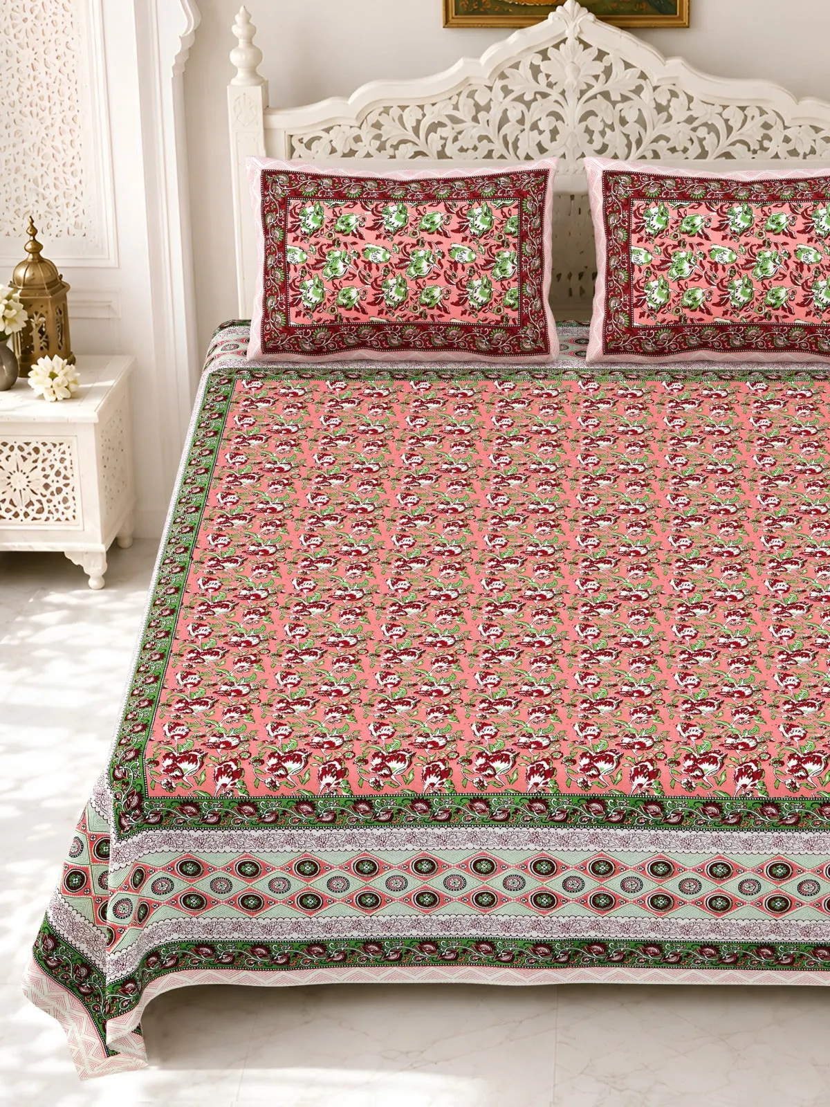 Coral Green Border Jaal double bedsheet 90x108 wholesale Jaipur – Gulmohar collection – view 2