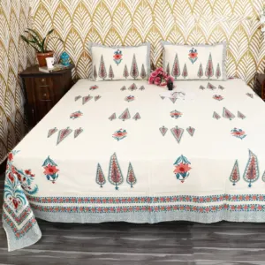 Teal Red Cypress Buta Block Print Murugan Cotton King Size Bedsheet 108x108 (Amer)