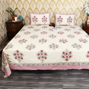 Pink Border Rose Bouquet Block Print Murugan Cotton King Size Bedsheet 108x108 (Amer)
