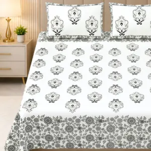 Dhuan Ambi Border Premium Cotton Double Bedsheet 100x108 with 2 Pillow Covers (Rangmahal)
