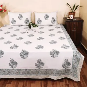 Grey buta hand block bedsheet 95x108 wholesale Jaipur – Grey Jhaadi Buta hand block printed double bedsheet 95x108 with 2 pillow covers – grey – Jaipur wholesale