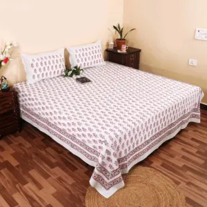 Pink rose hand block bedsheet 95x108 wholesale Jaipur – Gulabi Booti hand block printed double bedsheet 95x108 with 2 pillow covers – rose pink – Jaipur wholesale