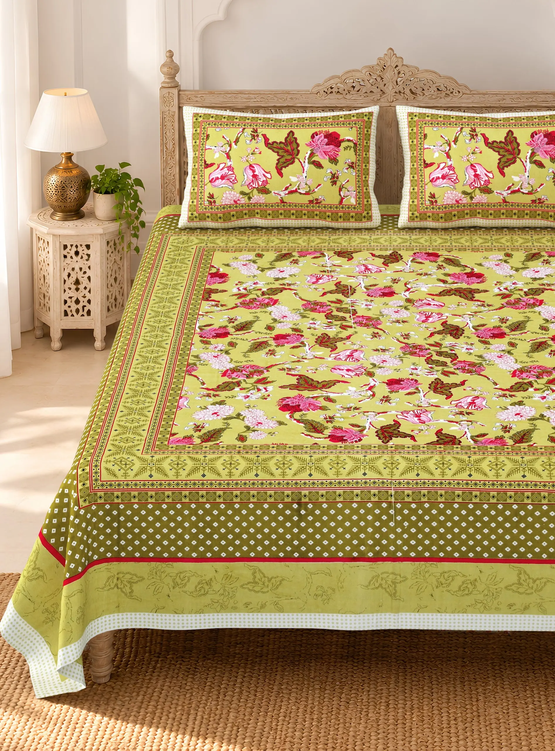 Mehendi Green Gulab Bouquet pure cotton double bedsheet 90x108 wholesale Jaipur – view 2