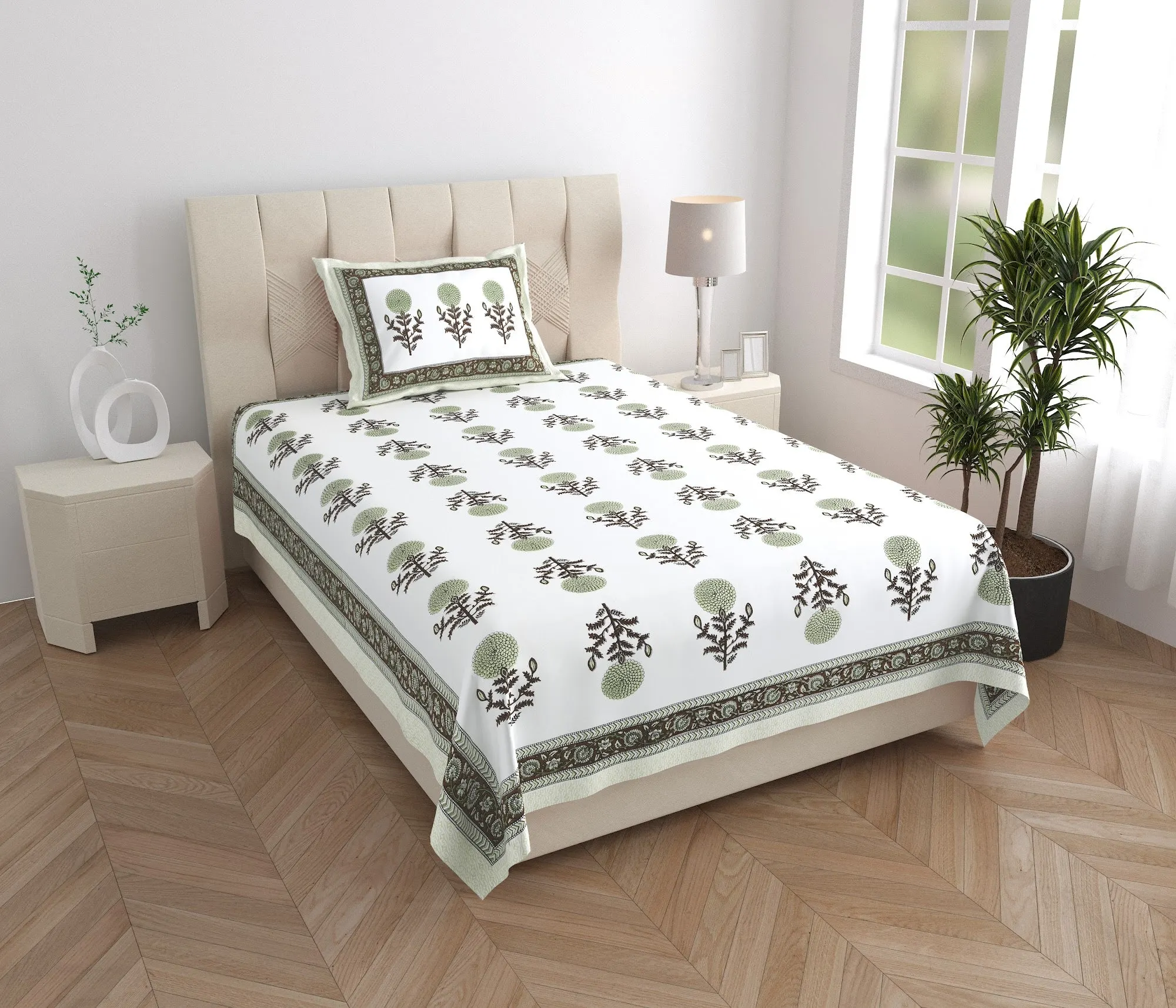 Olive Genda Phool Buta single bed cotton bedsheet 60x90 with pillow cover – olive green – Jaipur wholesale – image 5