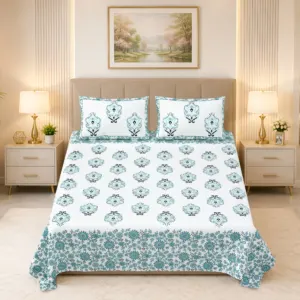 Firozi Ambi Border Premium Cotton Double Bedsheet 100x108 with 2 Pillow Covers (Rangmahal)