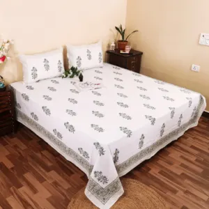 Sandal sprig hand block bedsheet 95x108 wholesale Jaipur – Chandan Sprig hand block printed double bedsheet 95x108 with 2 pillow covers – sage grey – Jaipur wholesale