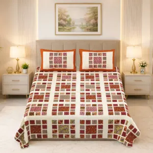 Rust patchwork double bedsheet 100x108 wholesale Jaipur – Gerua Chaukadi Patch premium cotton double bedsheet 100x108 with 2 pillow covers – rust and multicolour – Jaipur wholesale