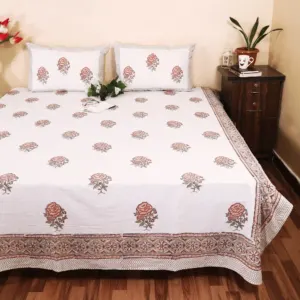 Coral rose hand block bedsheet 95x108 wholesale Jaipur – Coral Rose Buta hand block printed double bedsheet 95x108 with 2 pillow covers – coral and grey – Jaipur wholesale