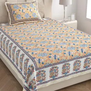 Peach jaal single bedsheet 60x90 wholesale Jaipur – Peach Blue Phool Jaal single bed cotton bedsheet 60x90 with pillow cover – peach and blue – Jaipur wholesale