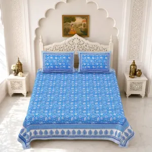 Blue leaf double bedsheet 90x108 wholesale Jaipur – Blue Leaf Border double bedsheet 90x108 wholesale Jaipur – Gulmohar collection