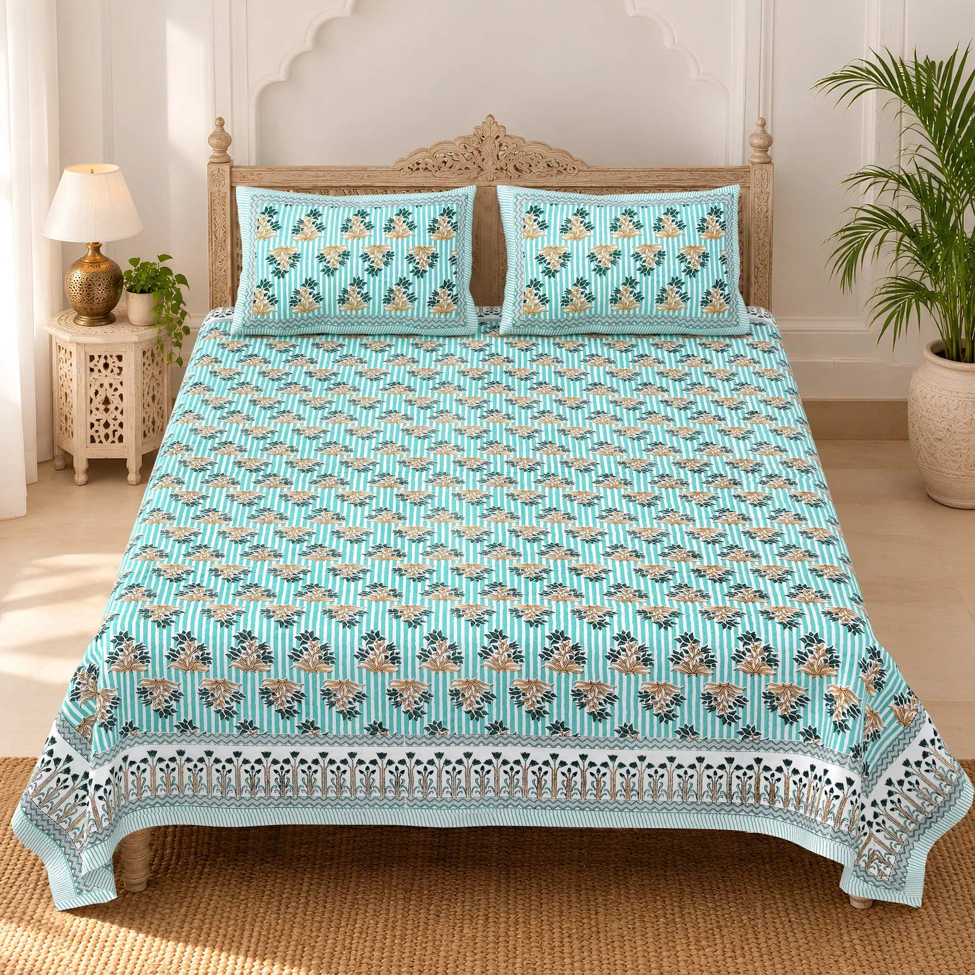 Firozi Chhota Buta pure cotton double bedsheet 90x108 wholesale Jaipur