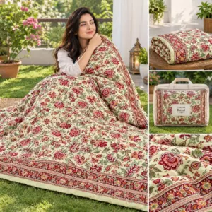 Cream Red Rose Jaipuri razai wholesale Jaipur – Cream Red Rose Jaal mulmul cotton quilt, reversible – Jal Mahal collection