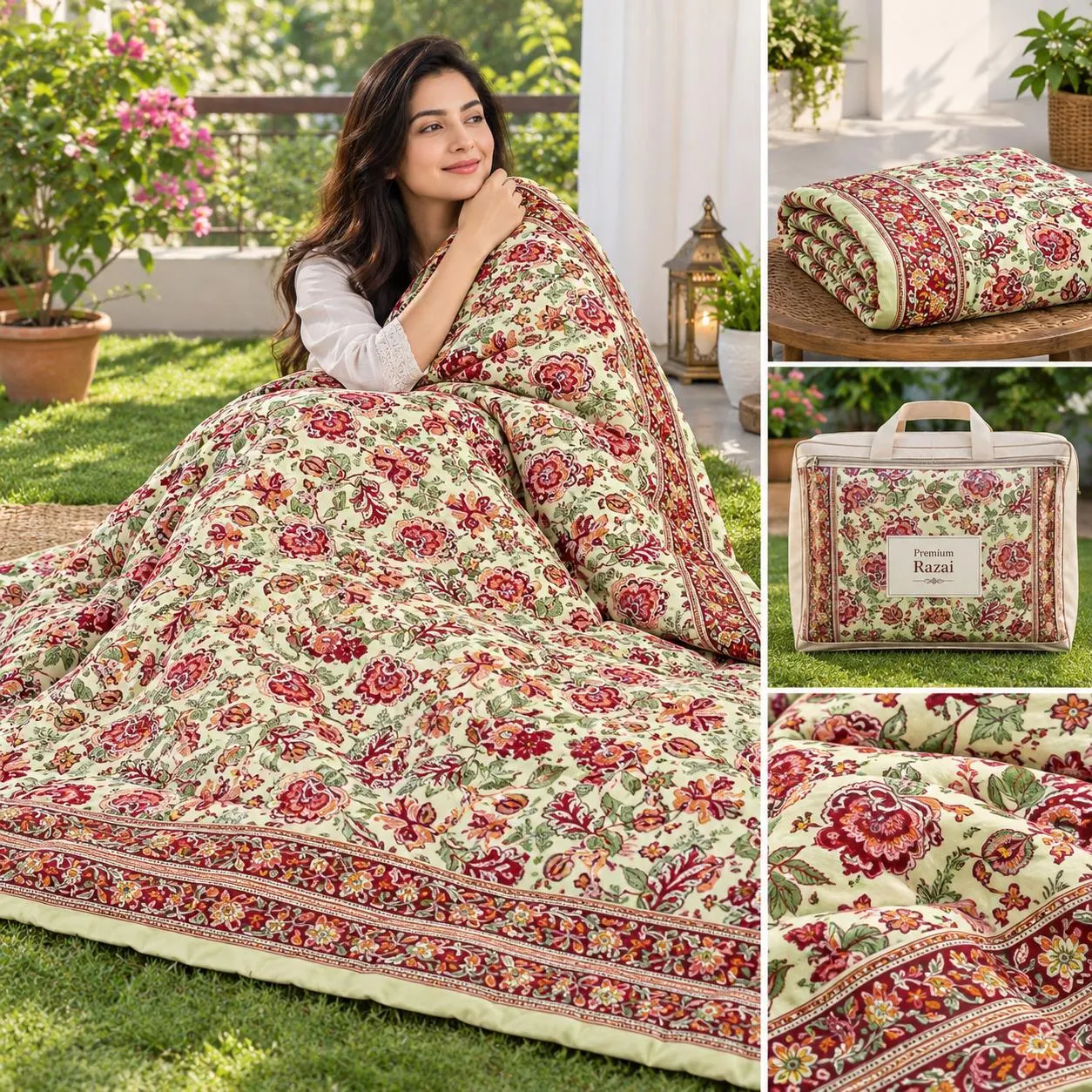 Cream Red Rose Jaipuri razai wholesale Jaipur – Cream Red Rose Jaal mulmul cotton quilt, reversible – Jal Mahal collection