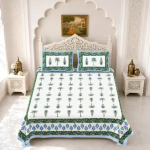 Blue Palm Tree Cotton Double Bedsheet 90x108 with 2 Pillow Covers (Gulmohar)