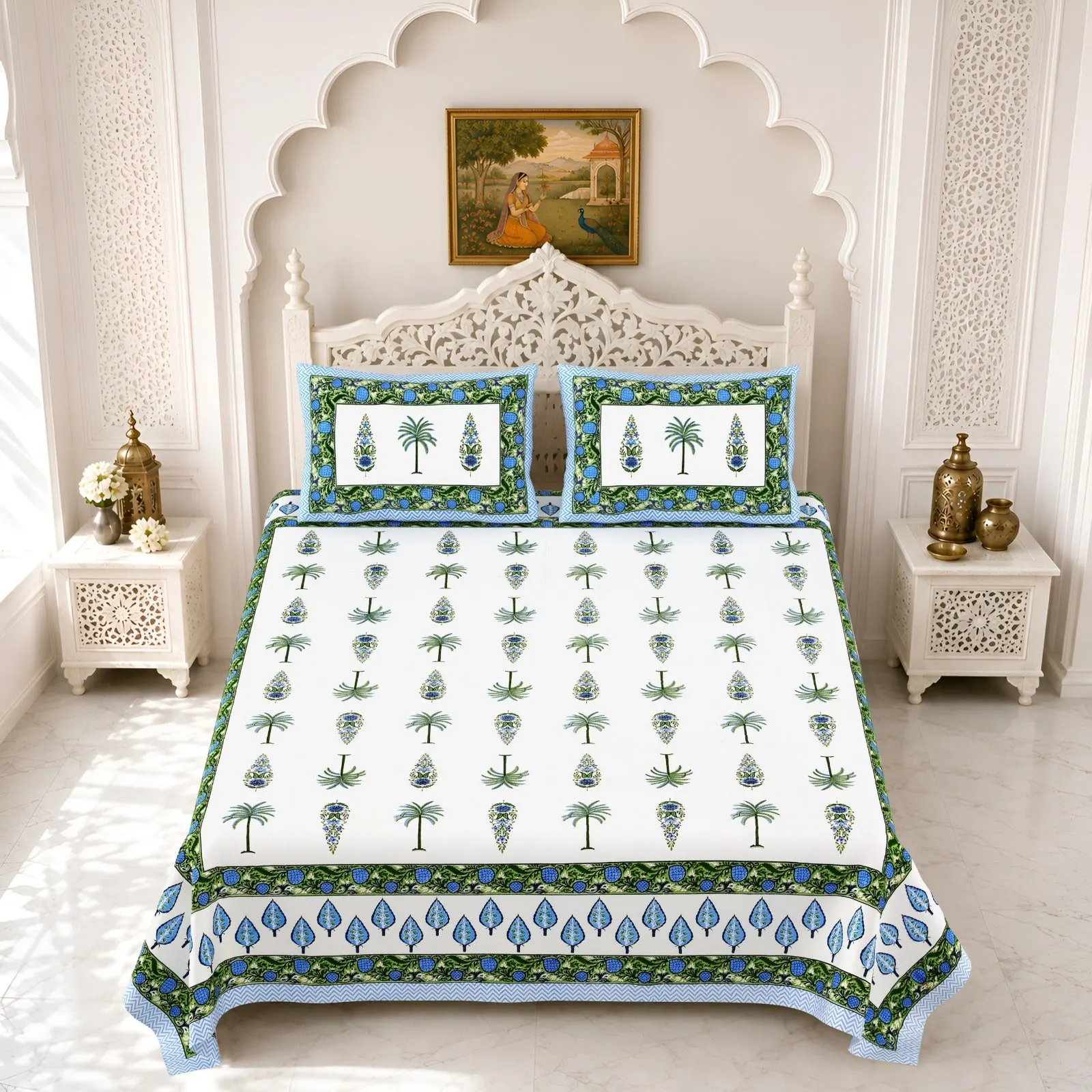 Blue palm double bedsheet 90x108 wholesale Jaipur – Blue Palm Tree double bedsheet 90x108 wholesale Jaipur – Gulmohar collection