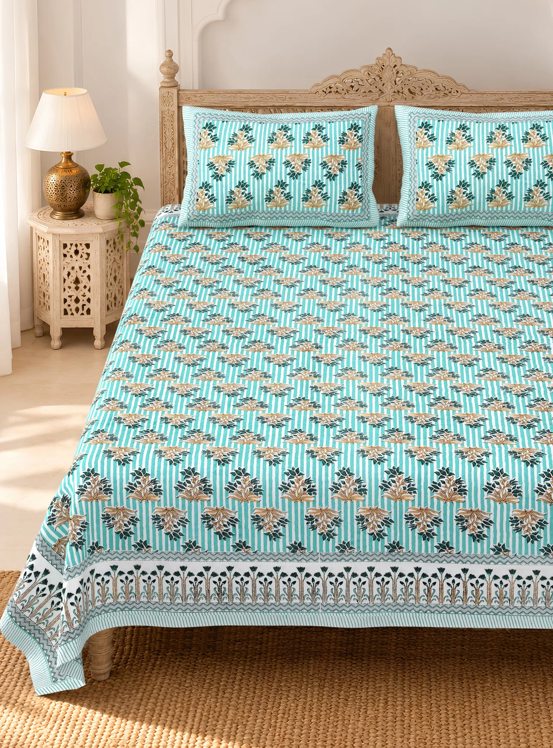 Firozi Chhota Buta pure cotton double bedsheet 90x108 wholesale Jaipur – view 2
