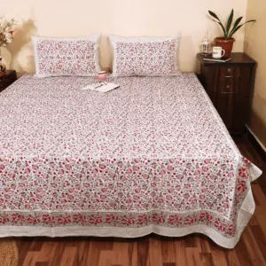 Pink jaal hand block bedsheet 95x108 wholesale Jaipur – Rani Phool Jaal hand block printed double bedsheet 95x108 with 2 pillow covers – pink and red – Jaipur wholesale